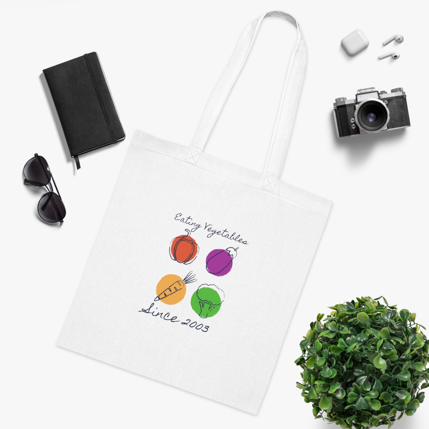 Year of Birth “Eating Vegetables” design Cotton Tote with your choice of year.